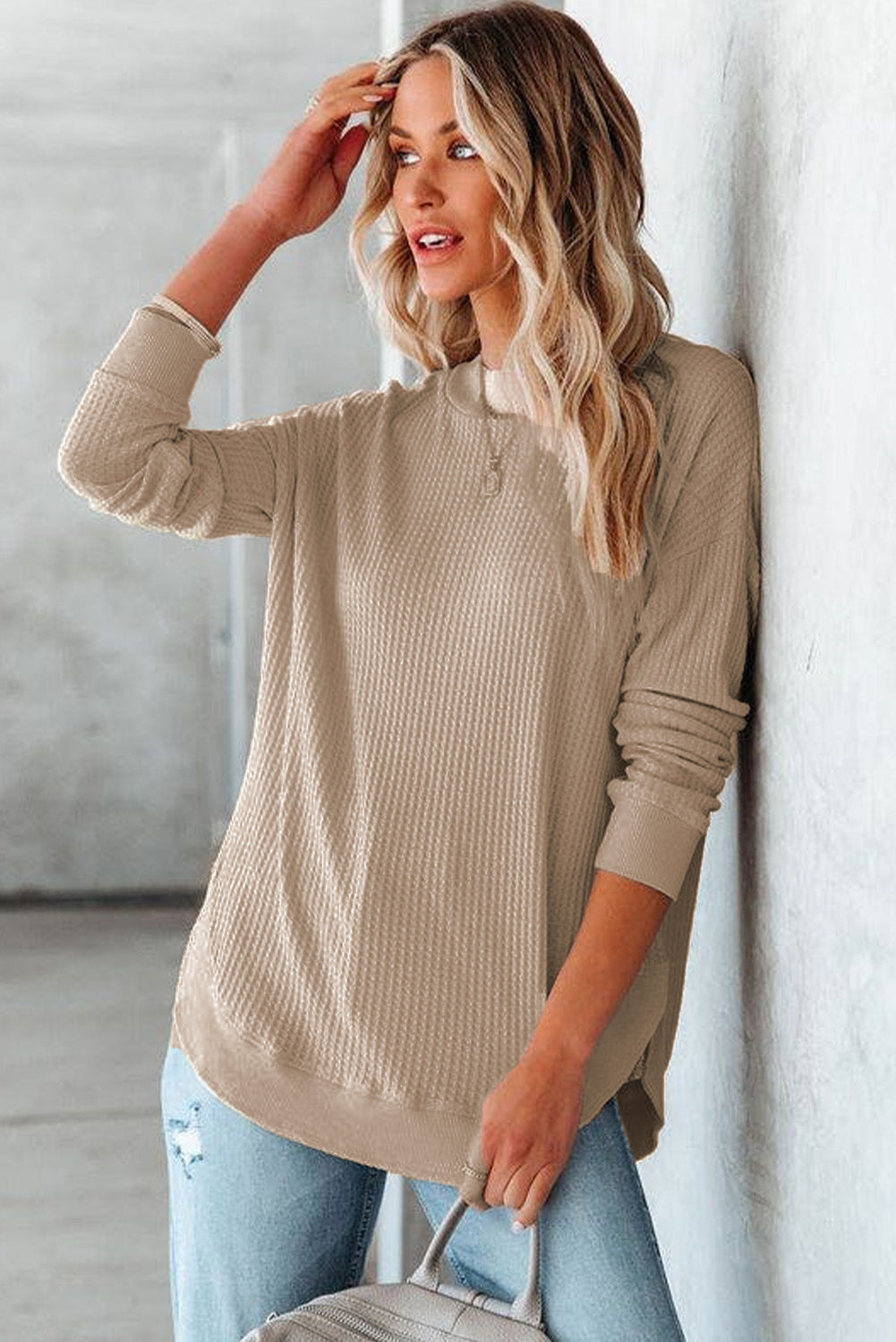 Apricot Crew Neck Ribbed Trim Waffle Knit Top