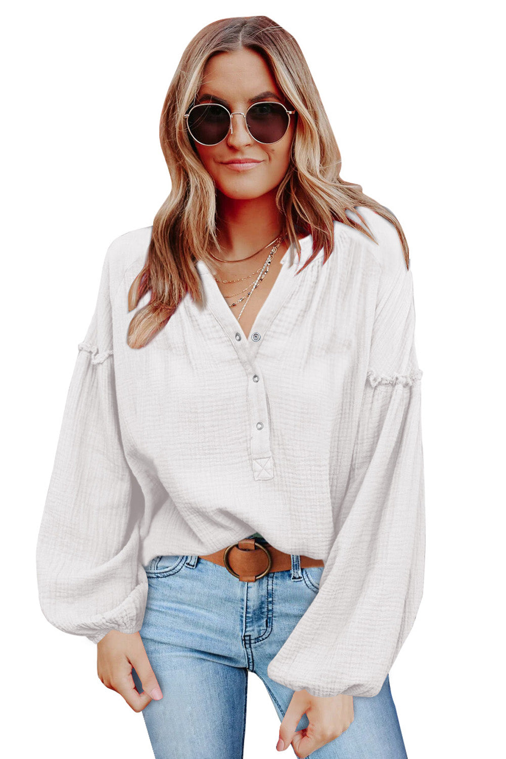 White Casual Balloon Sleeve Crinkled Top