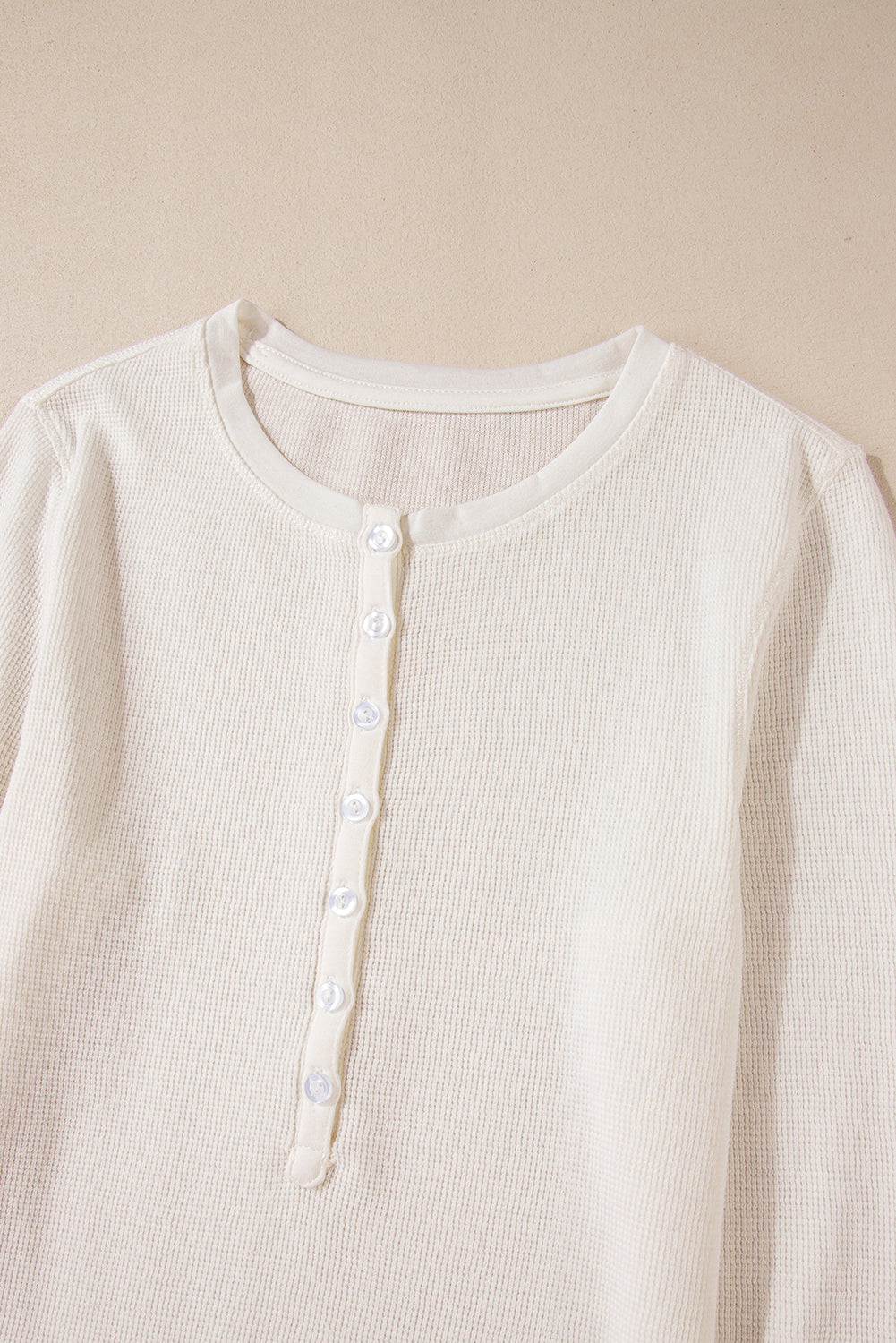 White Solid Color Waffle Half Button Long Sleeve Top