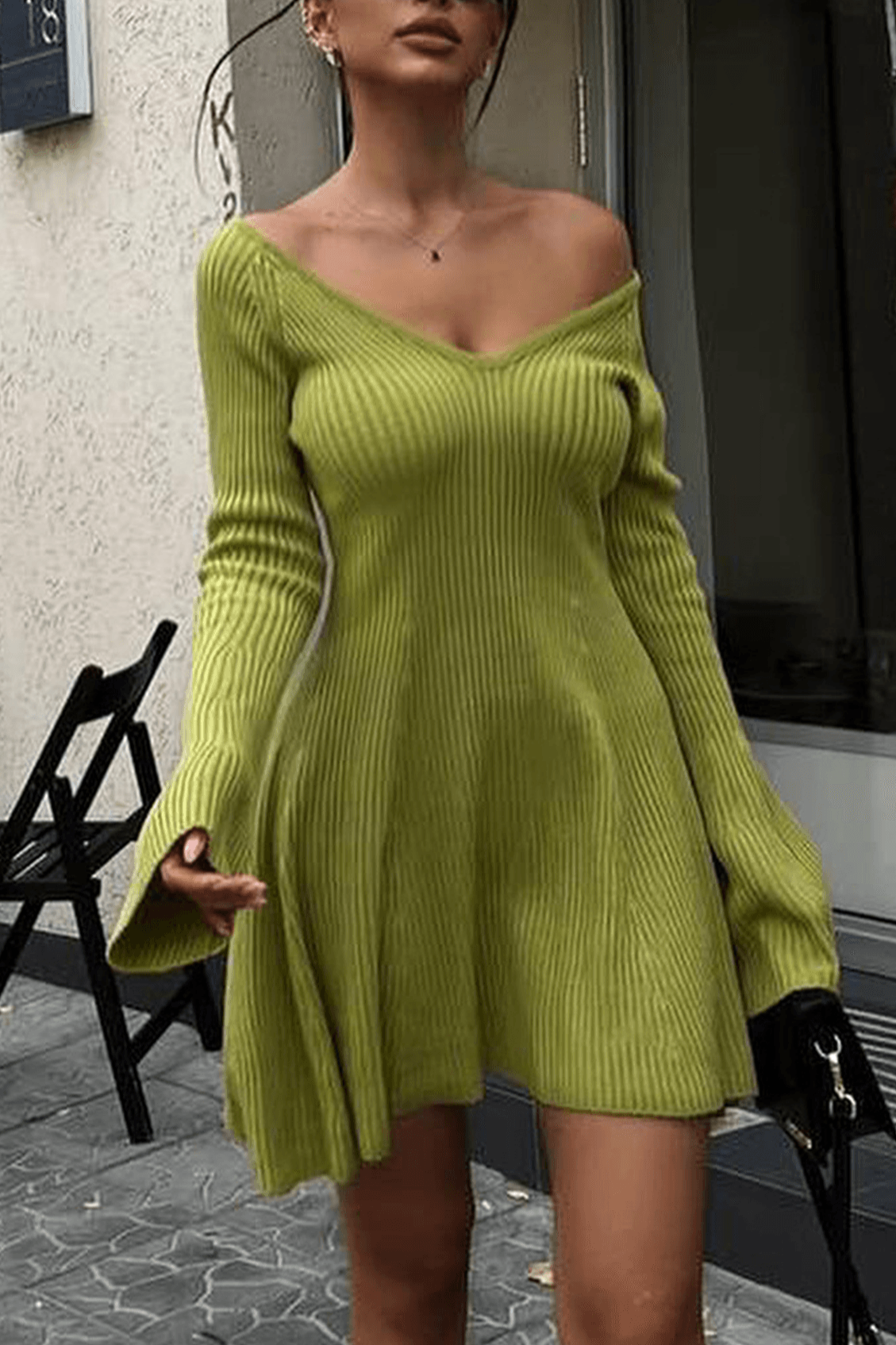 Solid Color Knit Flare Sleeve V Neck Mini Dress