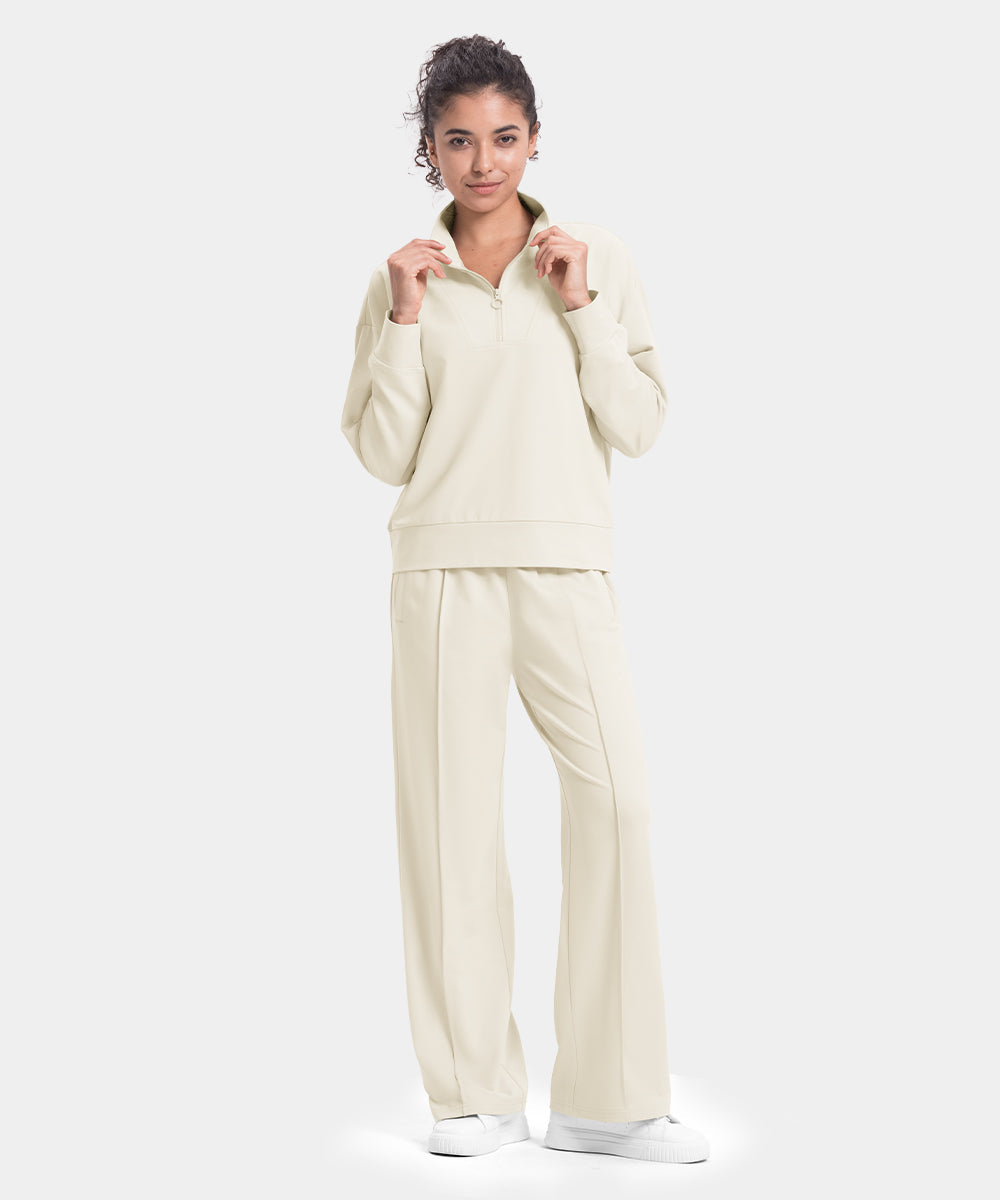 Women's Funnel-Neck Half Zip Pullover and Wide Leg Pants Lounge Sets