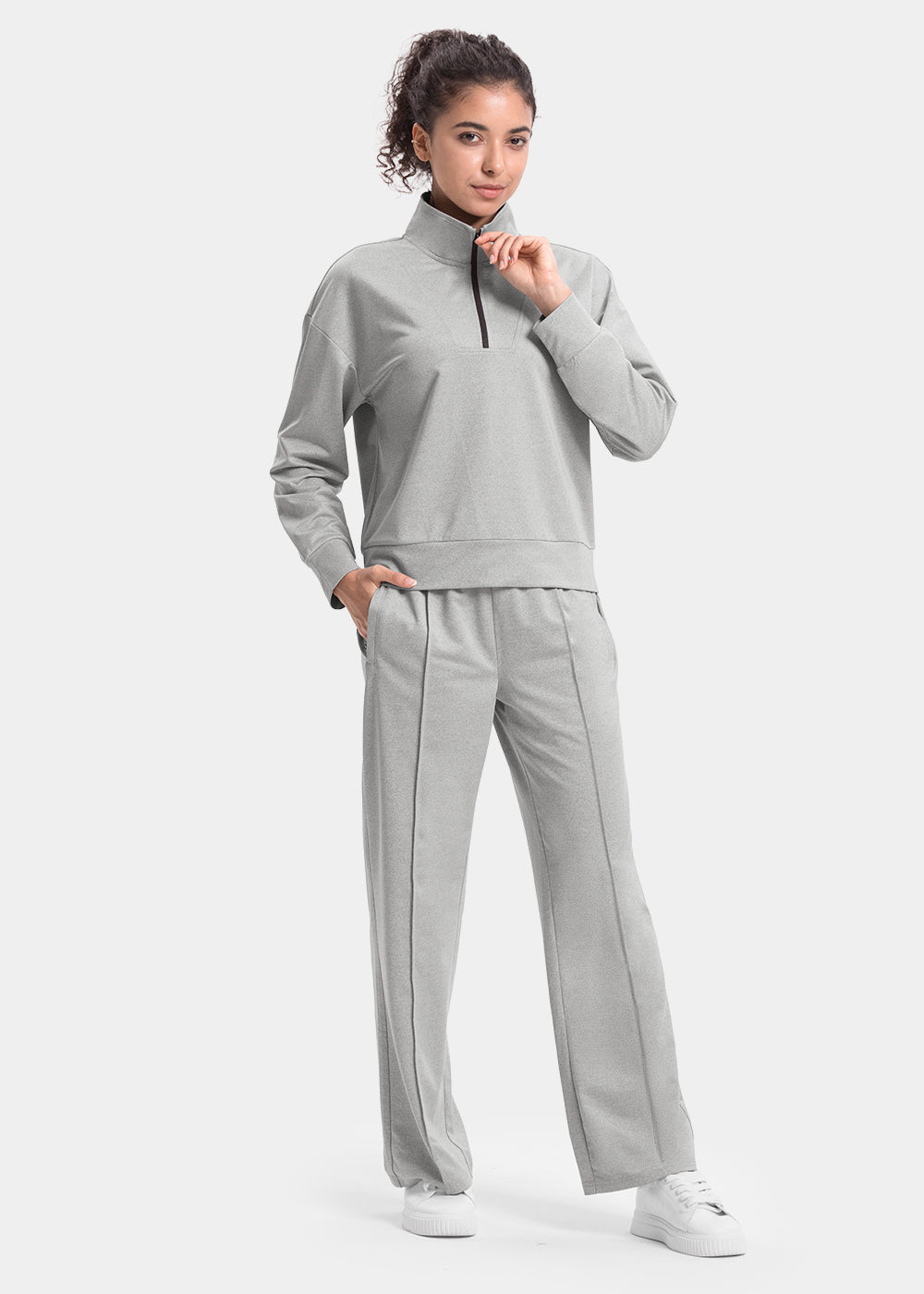 Women's Funnel-Neck Half Zip Pullover and Wide Leg Pants Lounge Sets