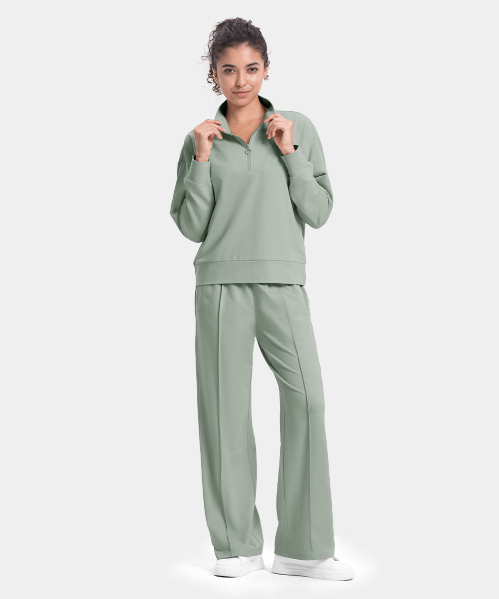 Women's Funnel-Neck Half Zip Pullover and Wide Leg Pants Lounge Sets