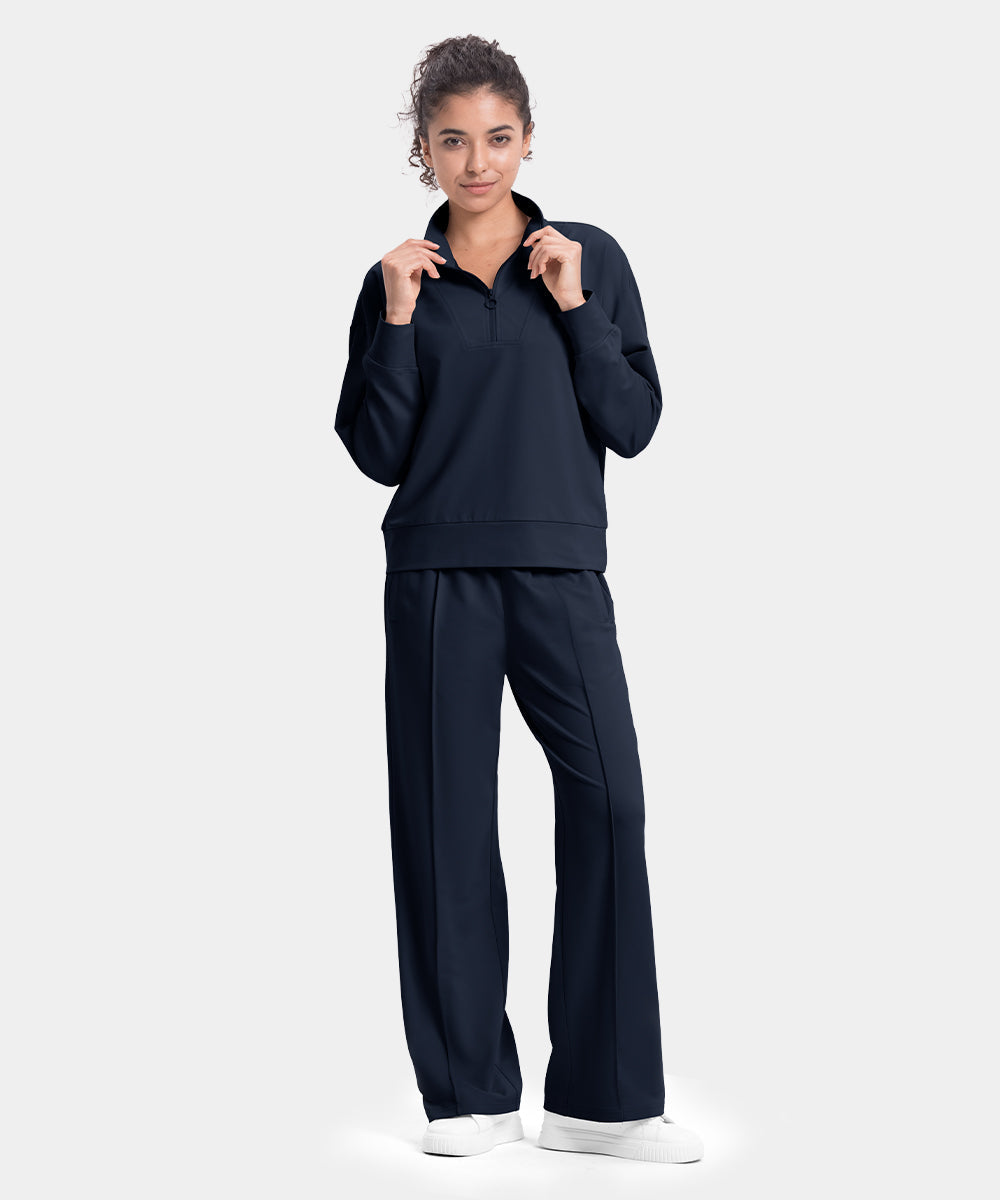 Women's Funnel-Neck Half Zip Pullover and Wide Leg Pants Lounge Sets