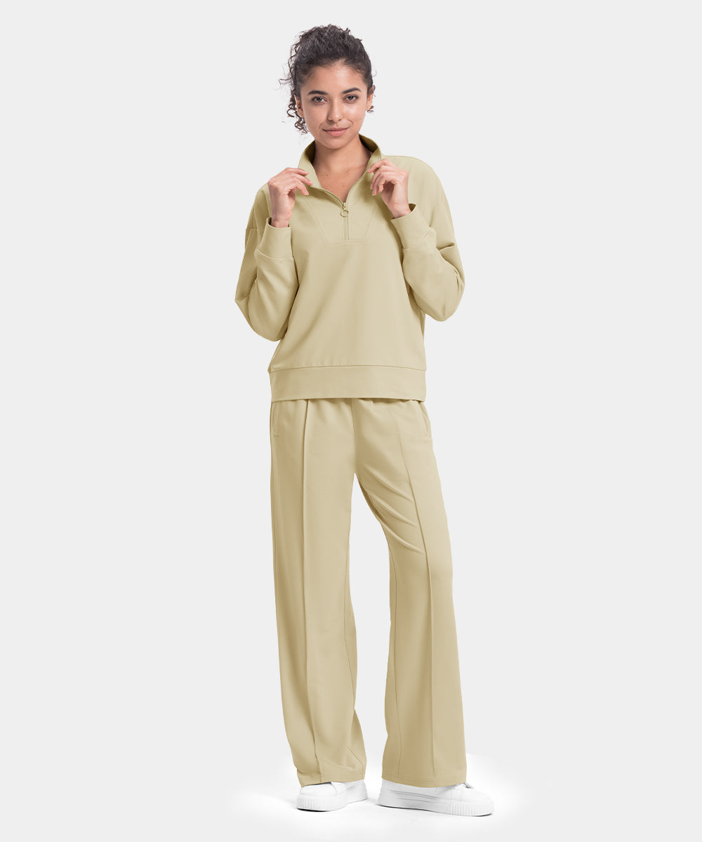 Women's Funnel-Neck Half Zip Pullover and Wide Leg Pants Lounge Sets