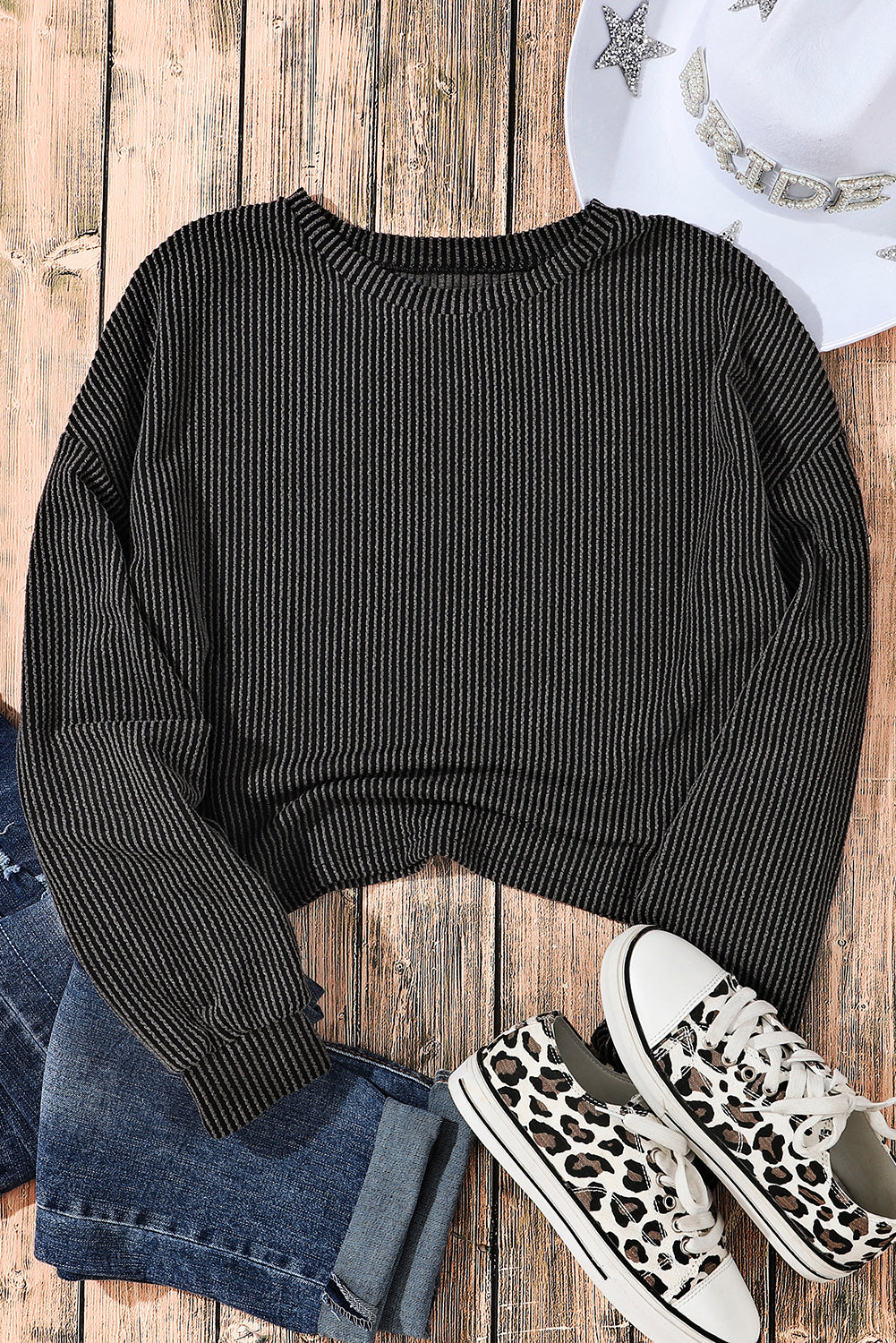 Black Cording Drop Shoulder Puff Sleeve Casual Long Sleeve Top