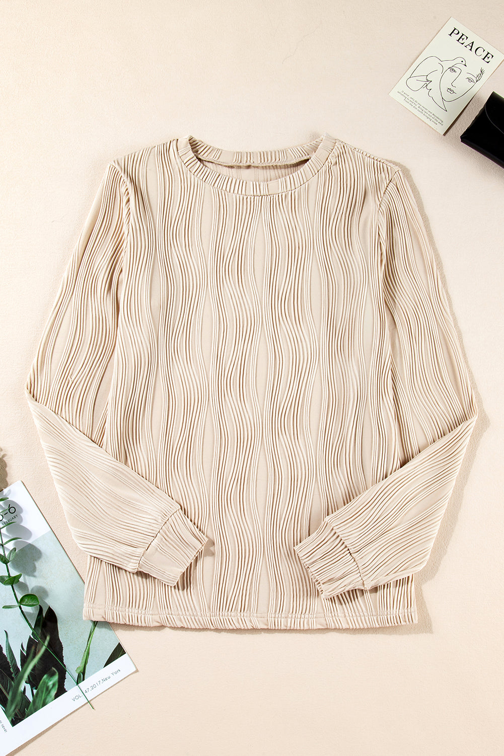 Apricot Textured Wavy Round Neck Long Sleeve Top