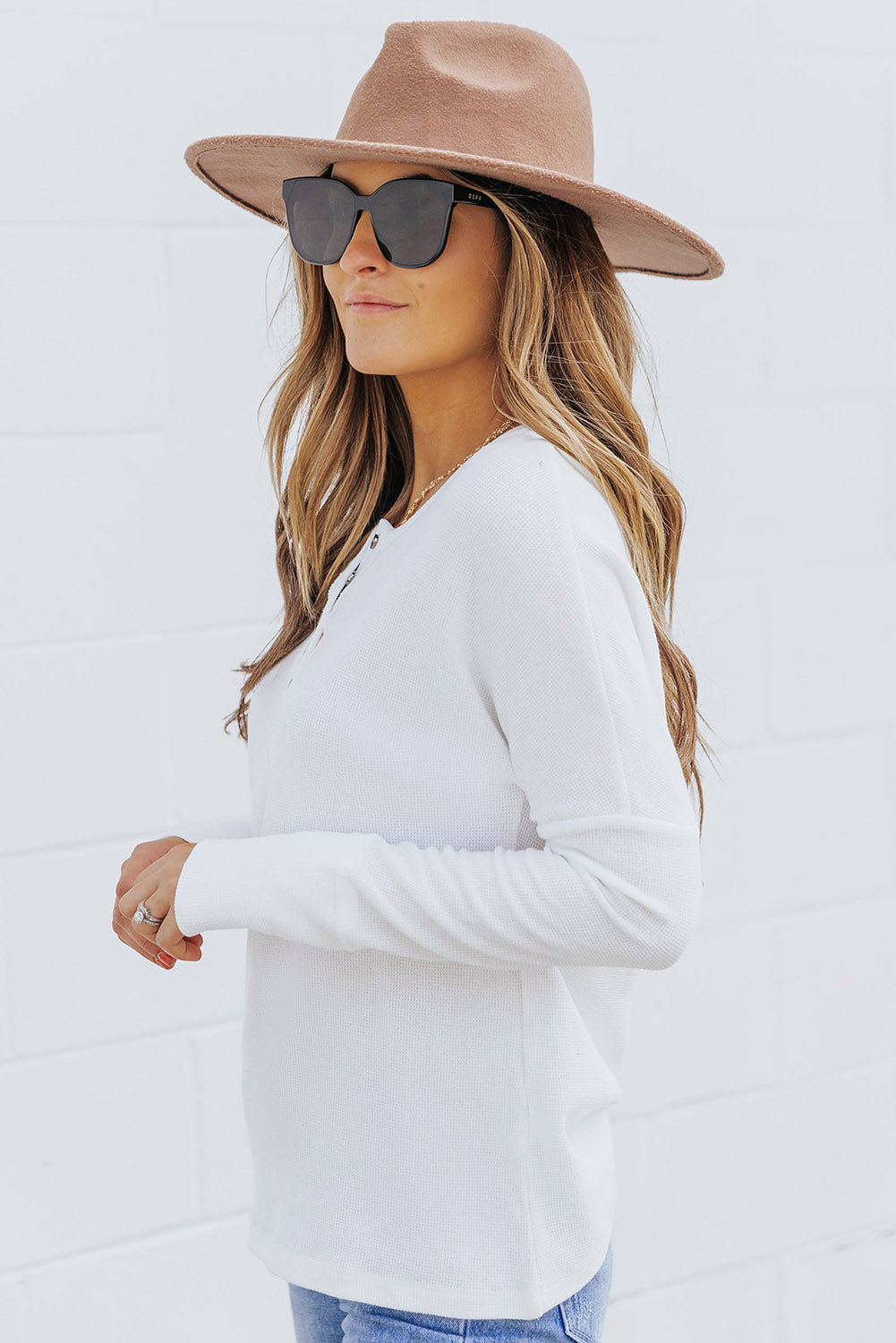 White Waffle Knit Henley Top