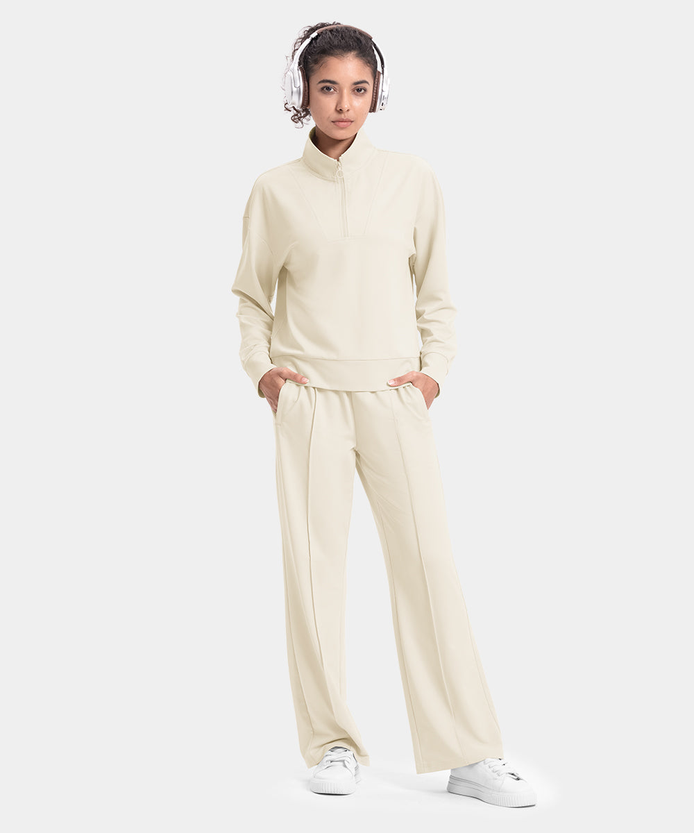 Women's Funnel-Neck Half Zip Pullover and Wide Leg Pants Lounge Sets