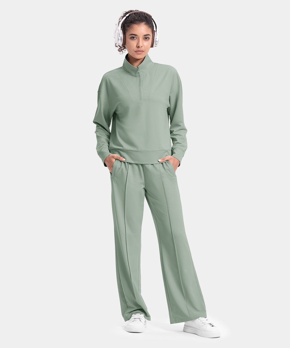 Women's Funnel-Neck Half Zip Pullover and Wide Leg Pants Lounge Sets