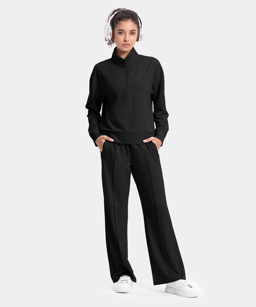 Women's Funnel-Neck Half Zip Pullover and Wide Leg Pants Lounge Sets