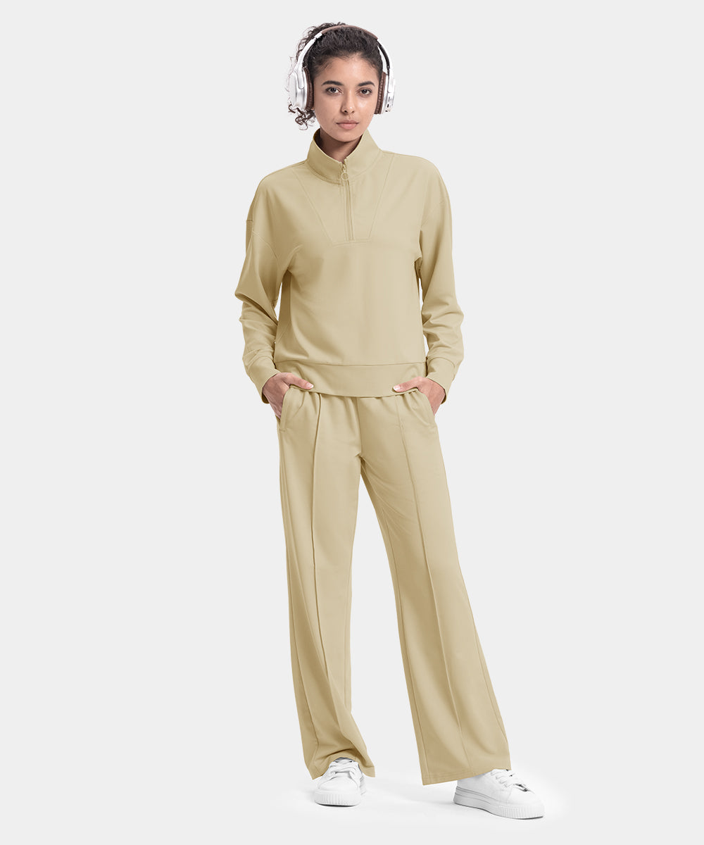 Women's Funnel-Neck Half Zip Pullover and Wide Leg Pants Lounge Sets