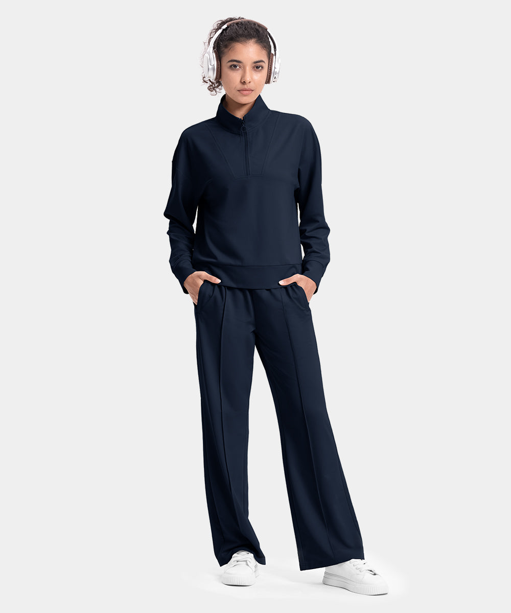 Women's Funnel-Neck Half Zip Pullover and Wide Leg Pants Lounge Sets