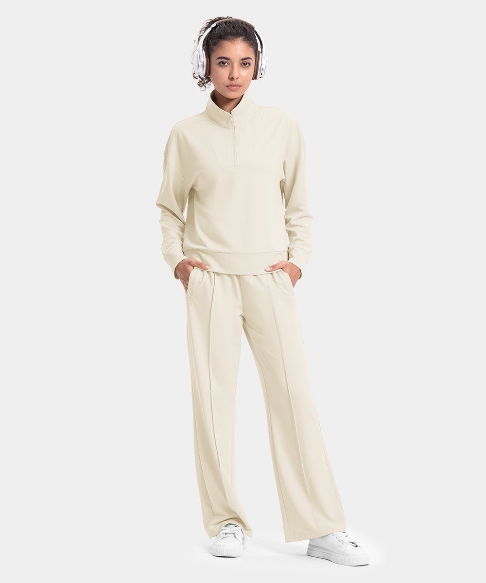 Women's Funnel-Neck Half Zip Pullover and Wide Leg Pants Lounge Sets