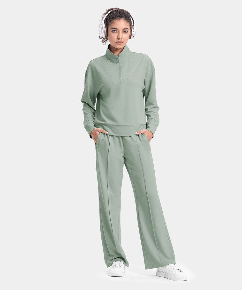 Women's Funnel-Neck Half Zip Pullover and Wide Leg Pants Lounge Sets