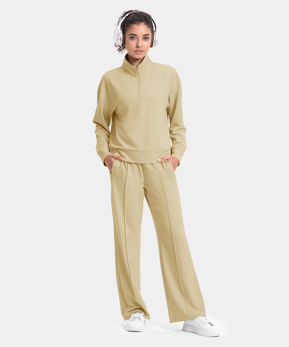 Women's Funnel-Neck Half Zip Pullover and Wide Leg Pants Lounge Sets