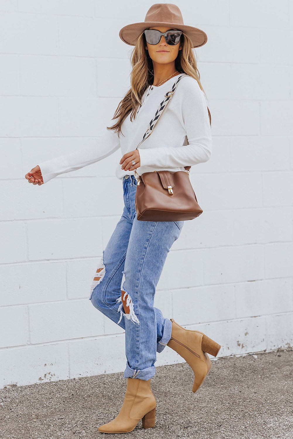 White Waffle Knit Henley Top