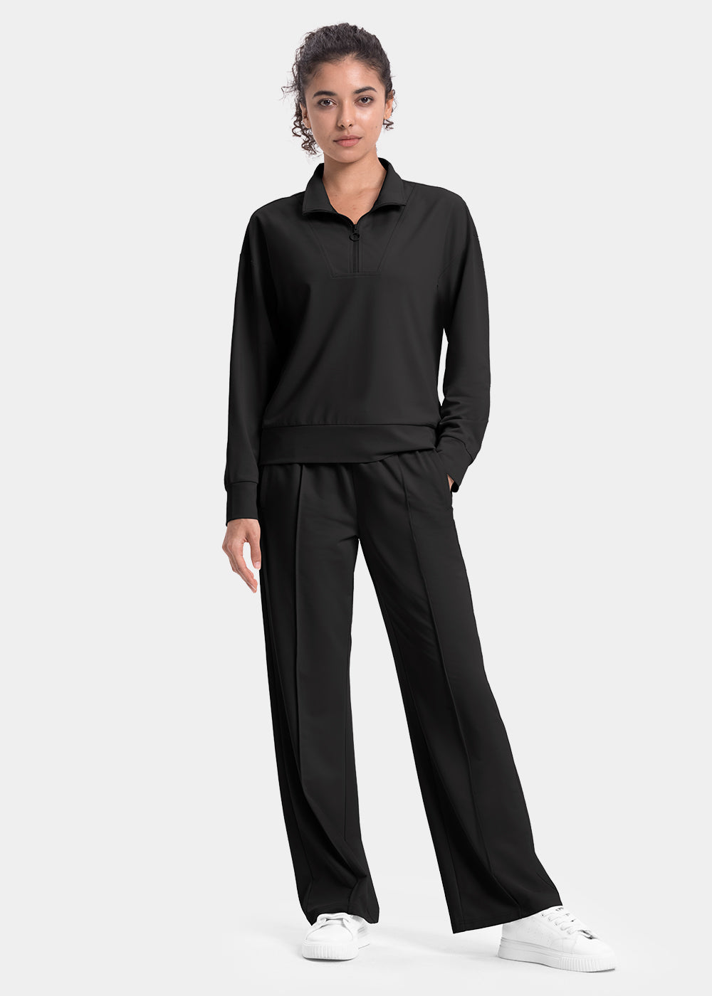 Women's Funnel-Neck Half Zip Pullover and Wide Leg Pants Lounge Sets