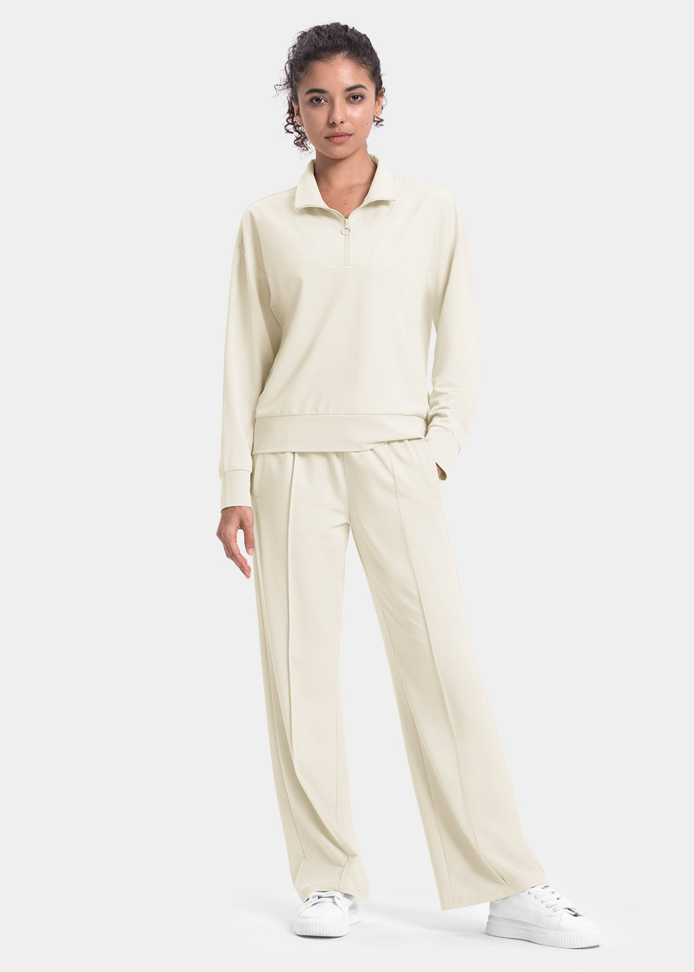 Women's Funnel-Neck Half Zip Pullover and Wide Leg Pants Lounge Sets