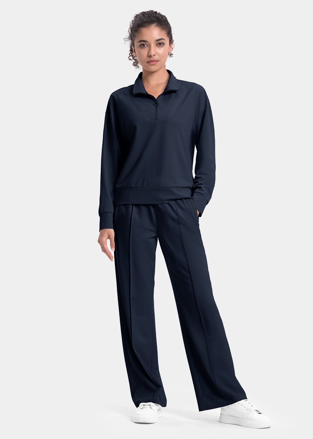 Women's Funnel-Neck Half Zip Pullover and Wide Leg Pants Lounge Sets