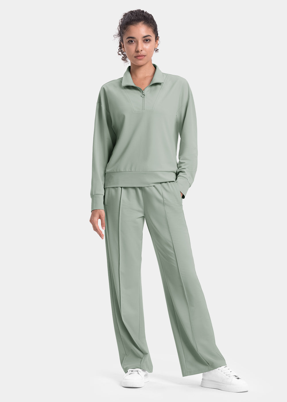 Women's Funnel-Neck Half Zip Pullover and Wide Leg Pants Lounge Sets