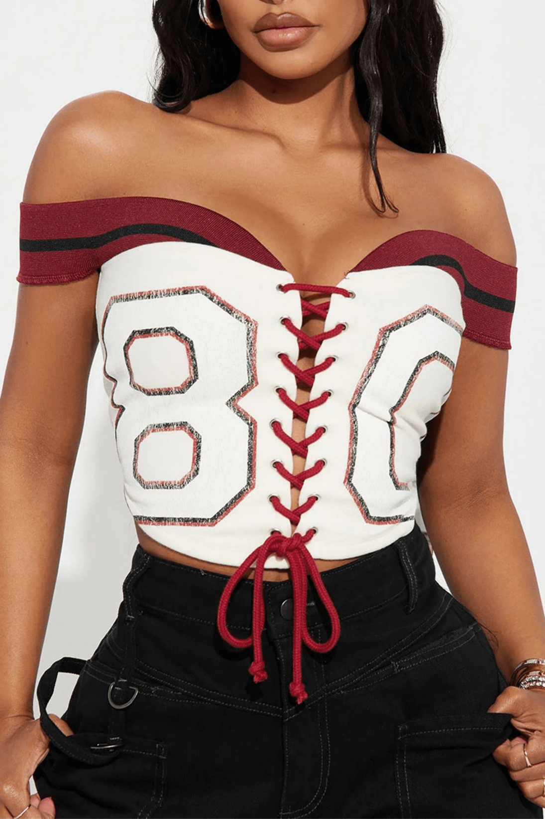 Off Shoulder Tie Letter Print Patchwork Top