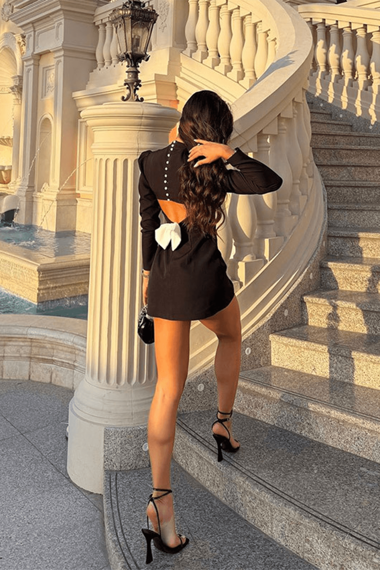 Mock Neck Bowknot Cut Out Bubble Sleeve Mini Dress