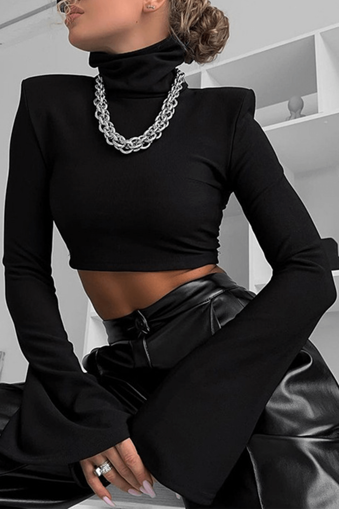 High Neck Flare Sleeve Crop Top