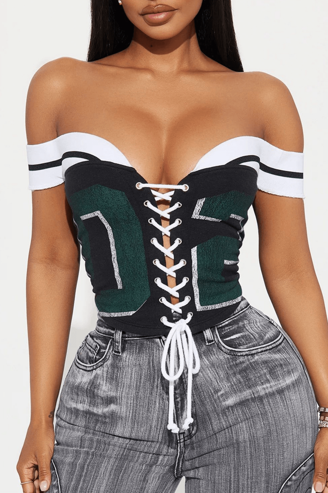 Off Shoulder Tie Letter Print Patchwork Top