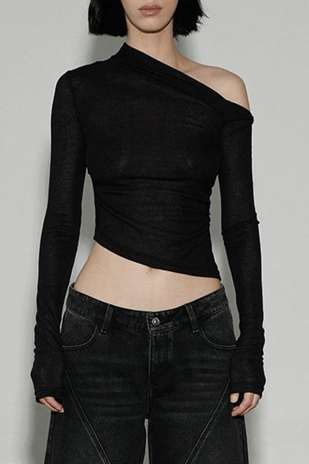 Mock Neck Long Sleeve One Shoulder Top