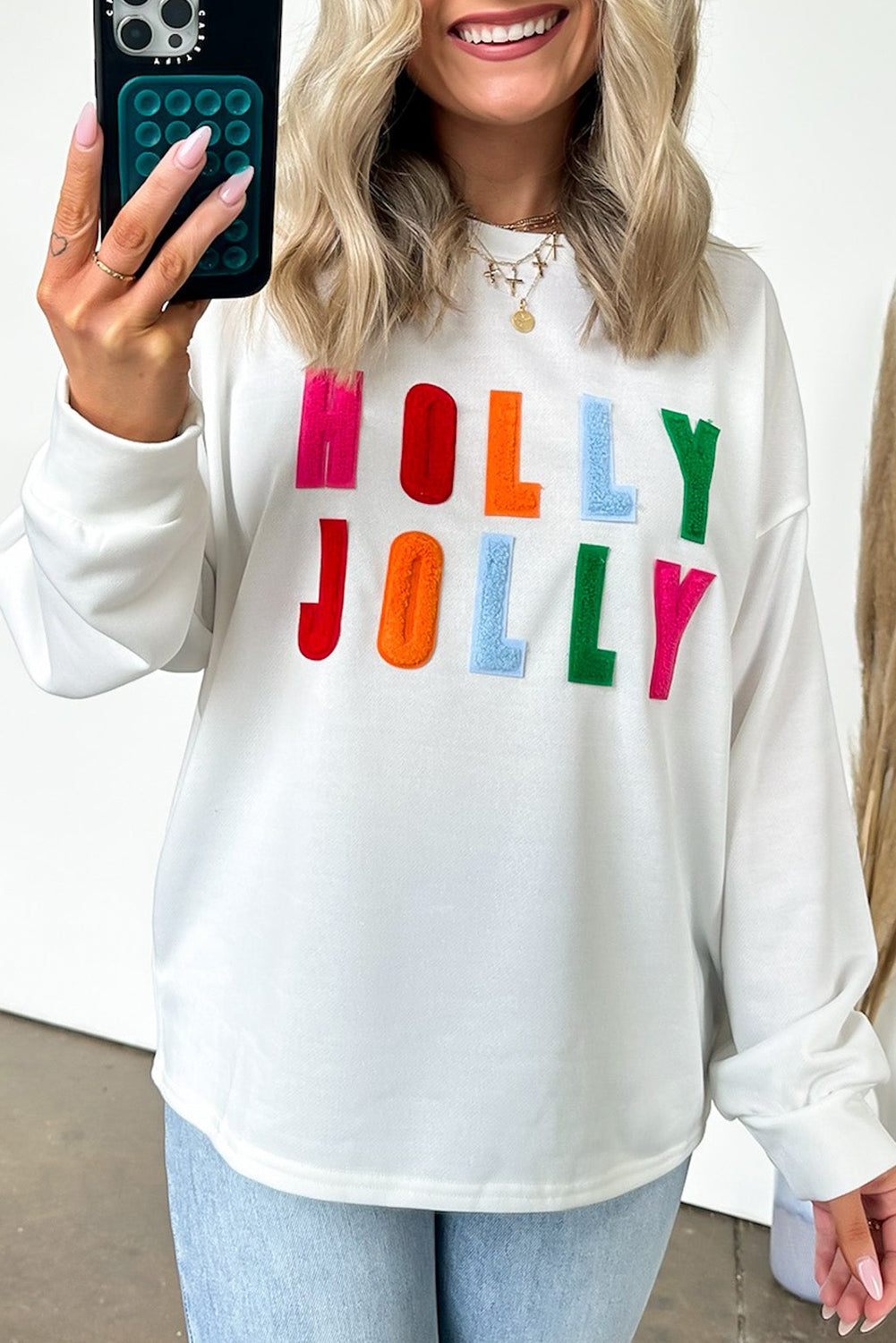 White Chenille Holly Jolly Graphic Long Sleeve Top