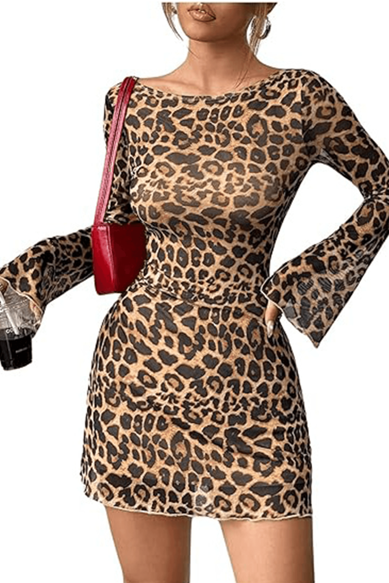 Leopard Print Flare Sleeve Open Back Mini Dress