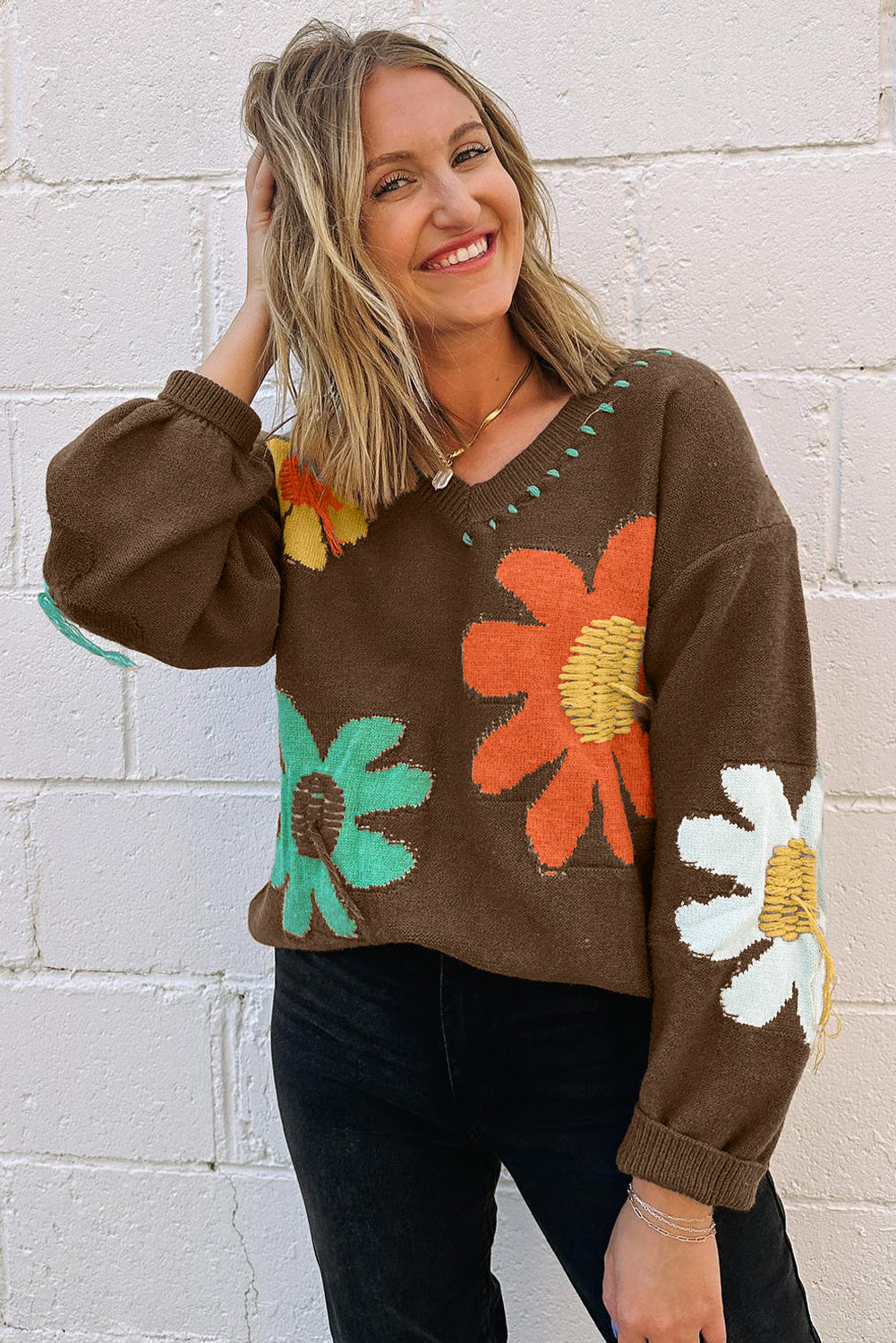 Big Flower Pattern V Neck Drop Shoulder Sweater