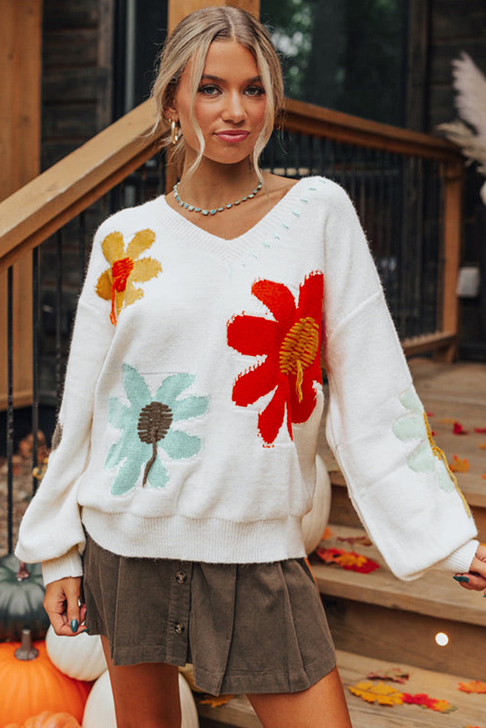 Big Flower Pattern V Neck Drop Shoulder Sweater