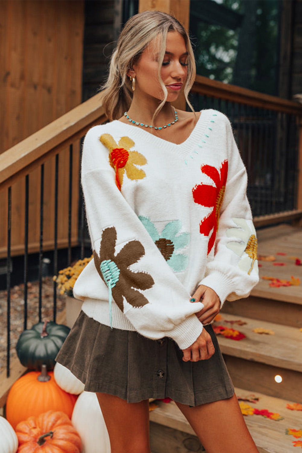 Big Flower Pattern V Neck Drop Shoulder Sweater