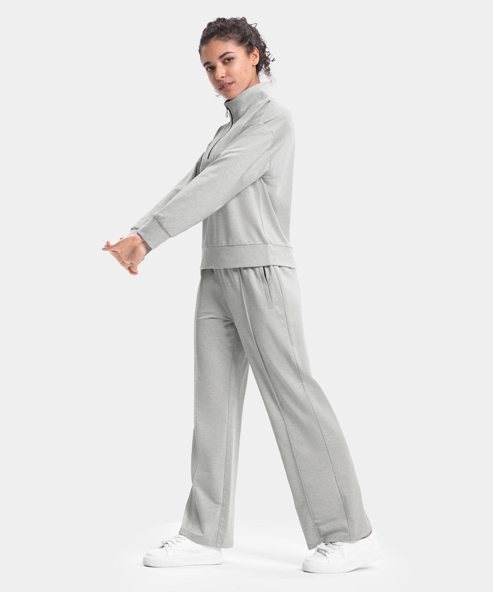 Women's Funnel-Neck Half Zip Pullover and Wide Leg Pants Lounge Sets