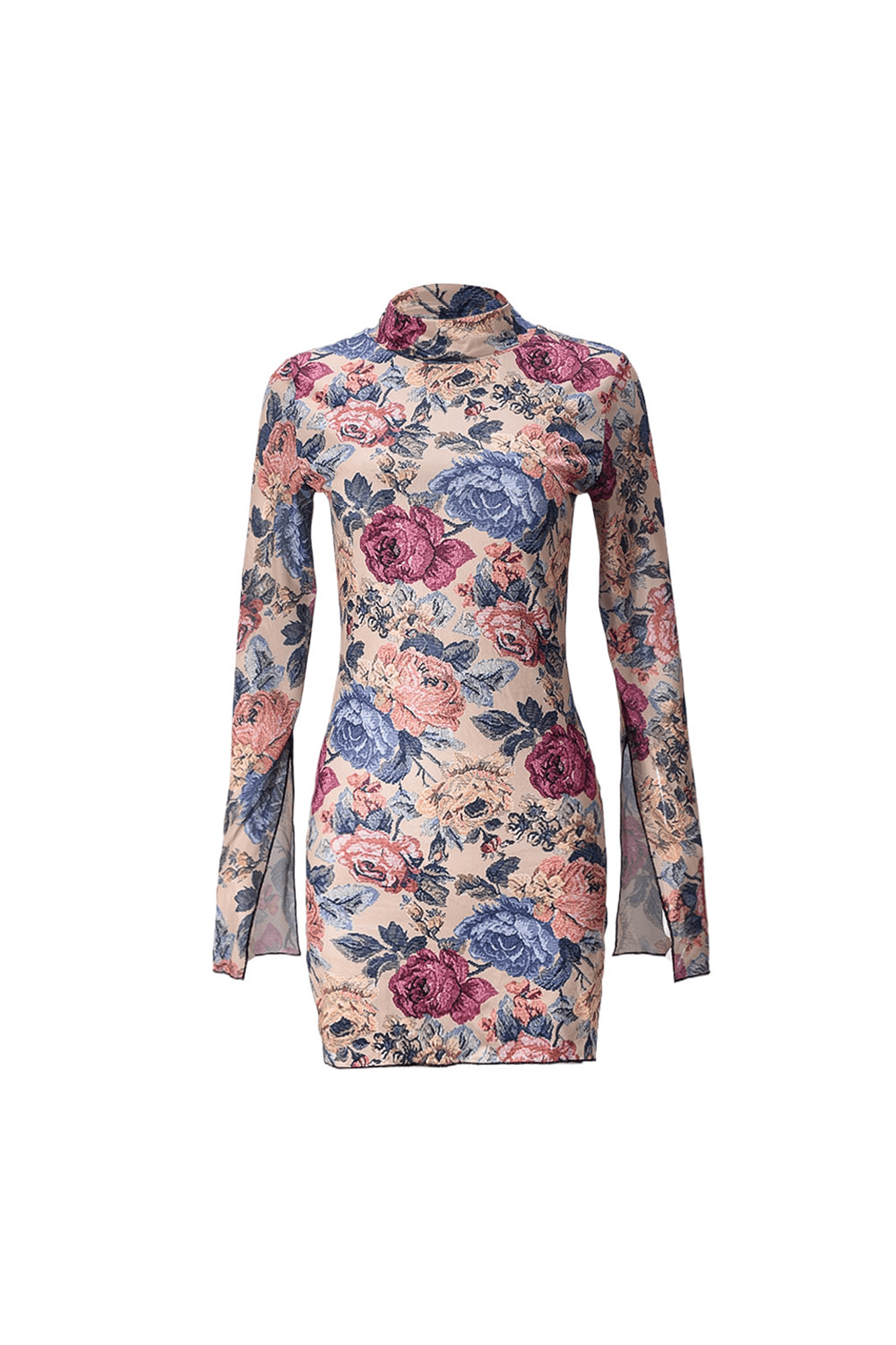 Mock Neck Sheer Mesh Floral Mini Dress