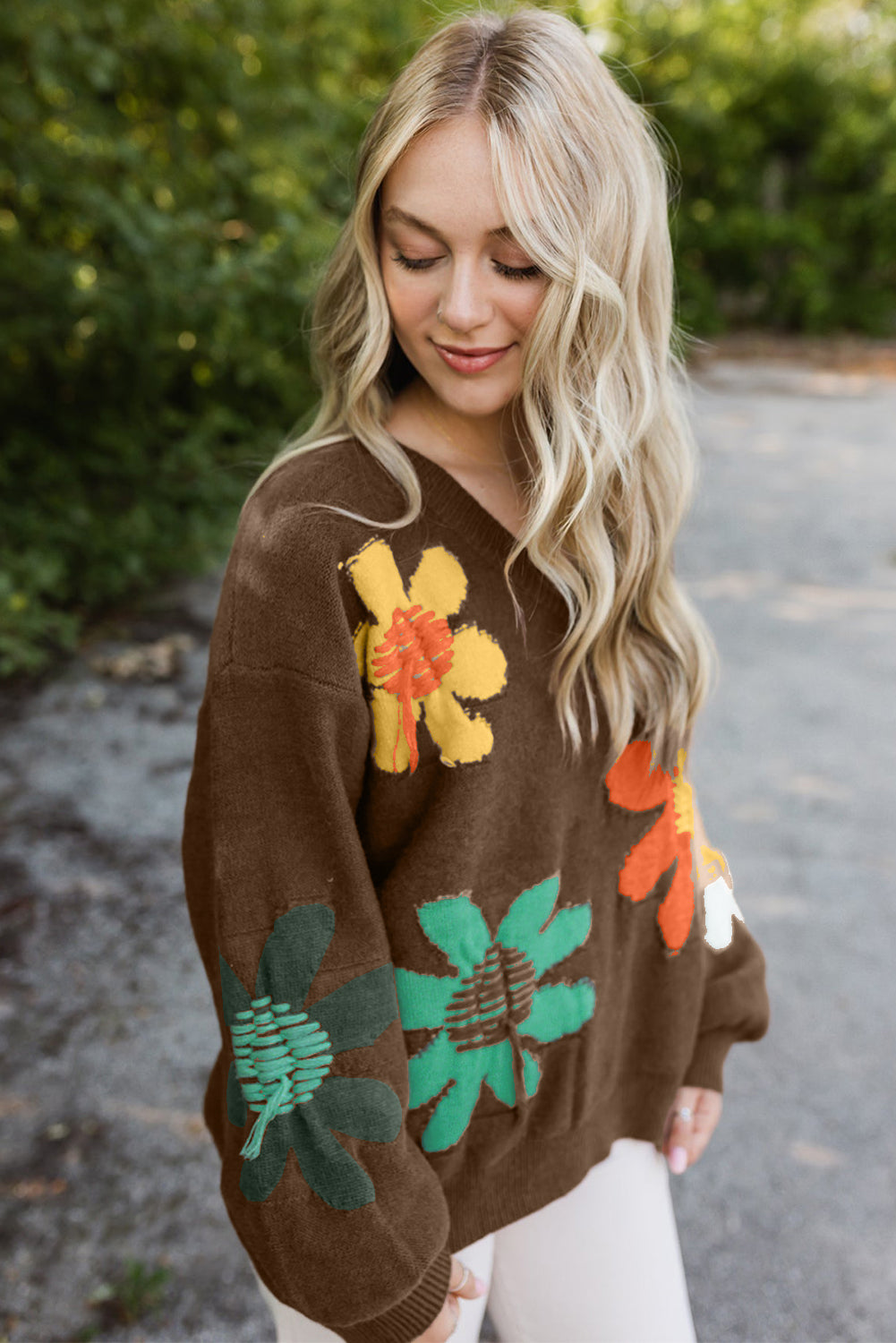 Big Flower Pattern V Neck Drop Shoulder Sweater