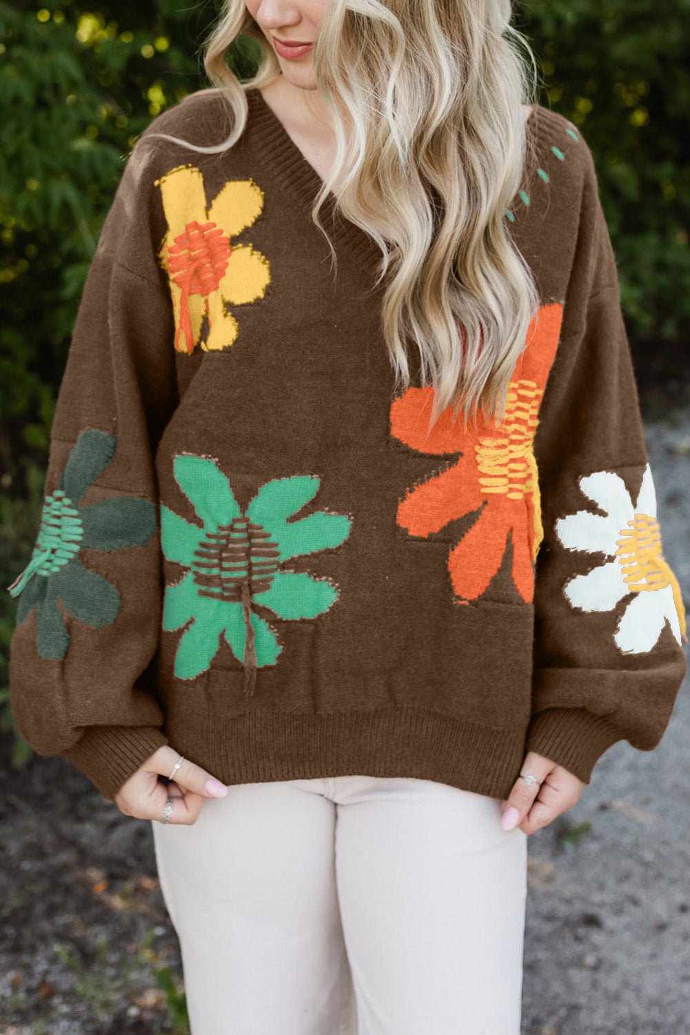 Big Flower Pattern V Neck Drop Shoulder Sweater