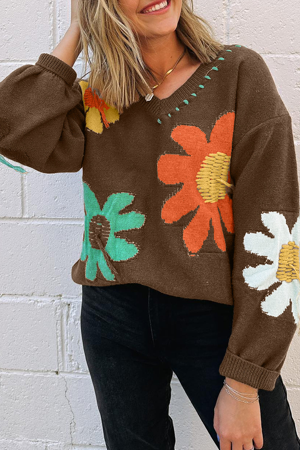 Big Flower Pattern V Neck Drop Shoulder Sweater