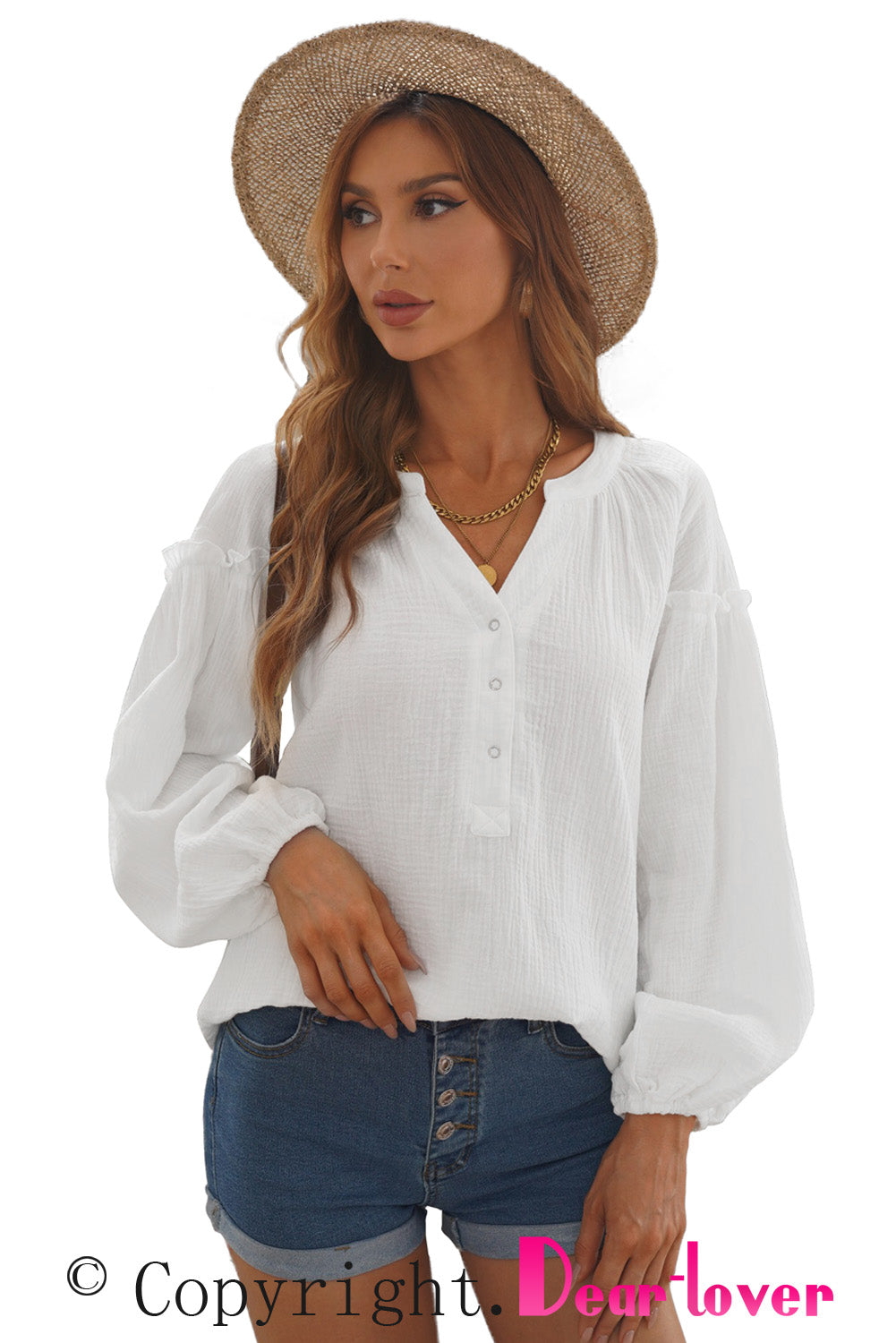 White Casual Balloon Sleeve Crinkled Top