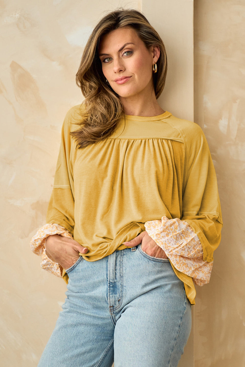 Beige Floral Colorblock Balloon Sleeve Exposed Seam Top