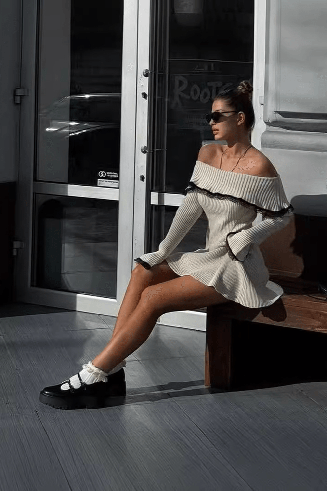 Off Shoulder Lace Long Sleeve Mini Dress