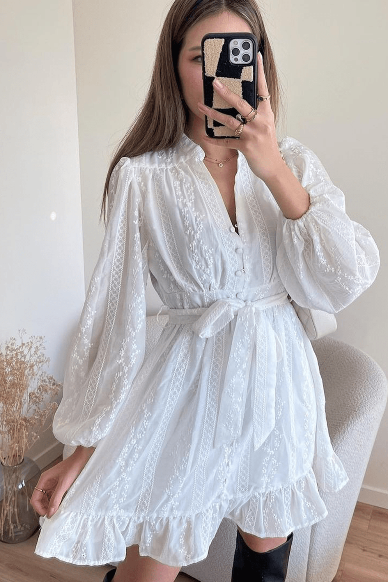 Button Front Bubble Sleeve Lace Mini Dress