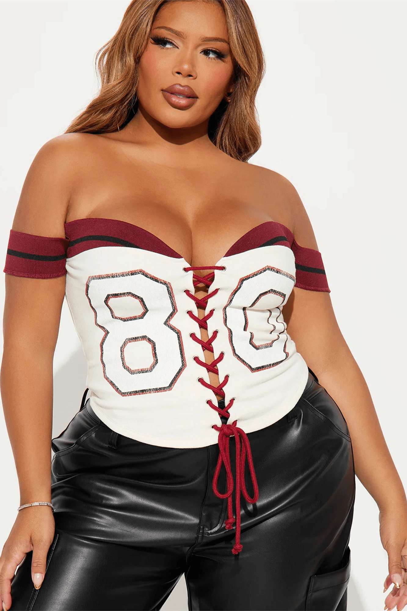 Off Shoulder Tie Letter Print Patchwork Top