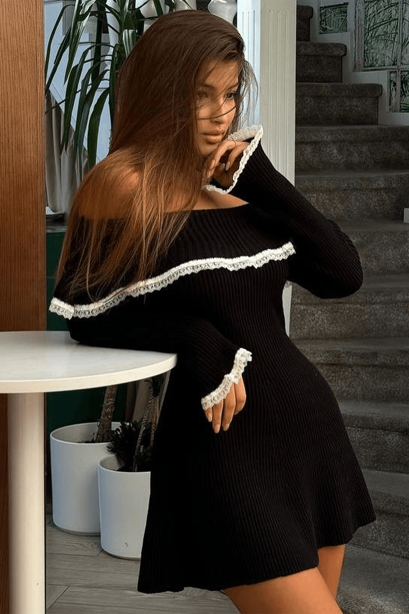 Off Shoulder Lace Long Sleeve Mini Dress