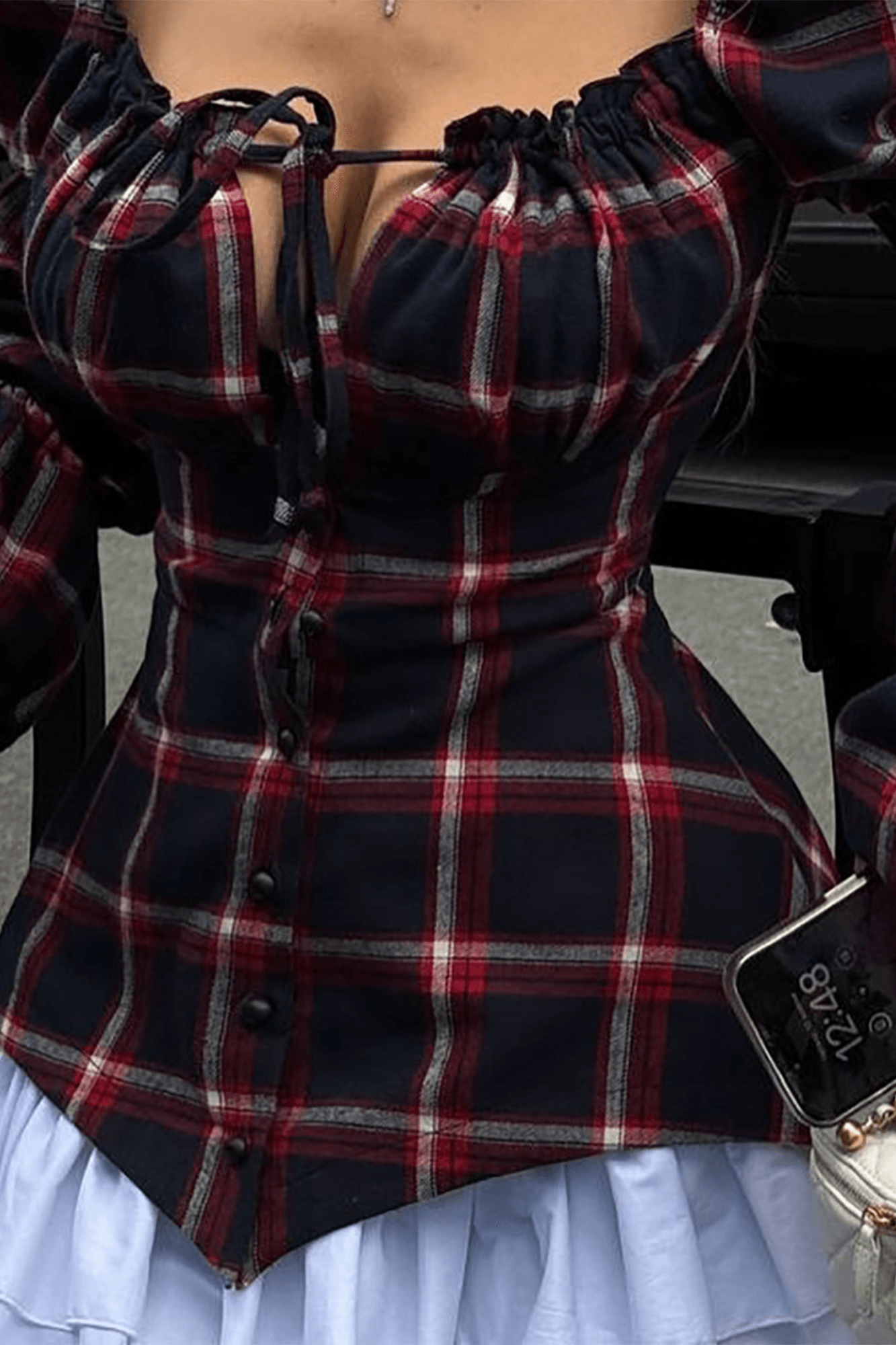 Plaid Print Bubble Sleeve Mini Dress