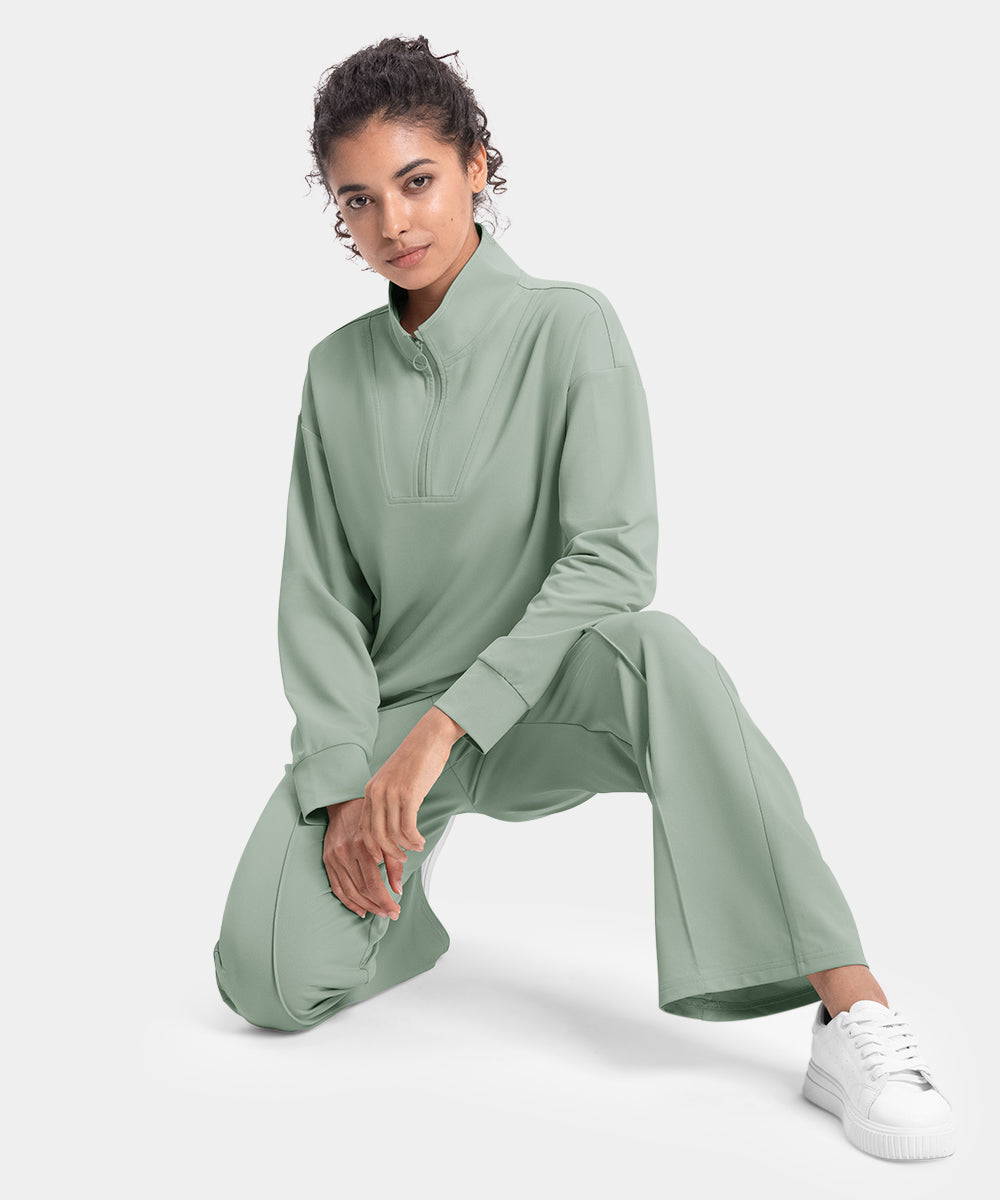 Women's Funnel-Neck Half Zip Pullover and Wide Leg Pants Lounge Sets