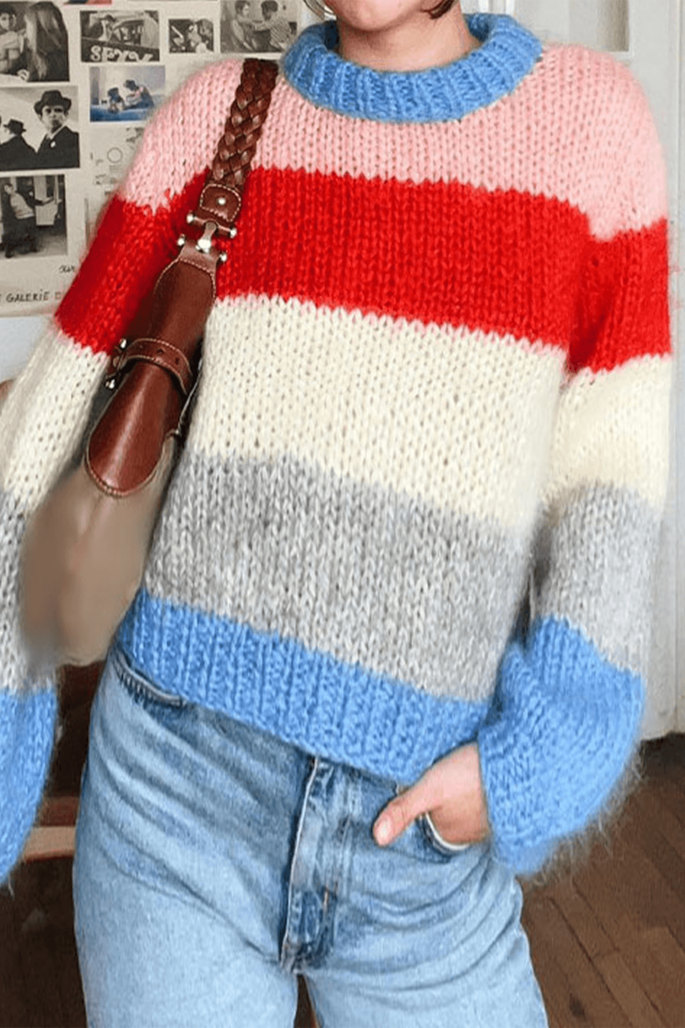 Crew Neck Patchwork Lantern Sleeves Sweater