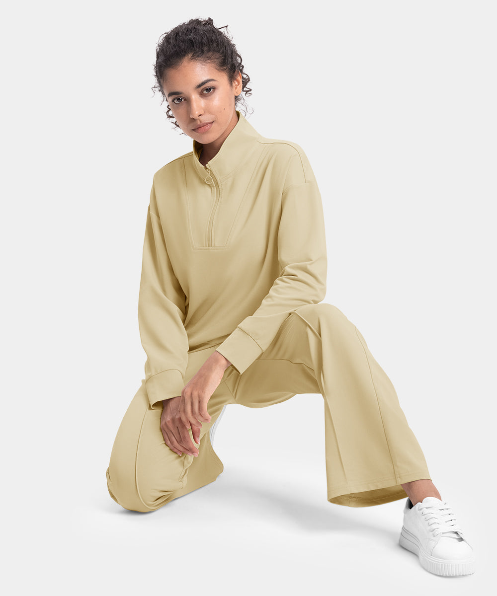 Women's Funnel-Neck Half Zip Pullover and Wide Leg Pants Lounge Sets